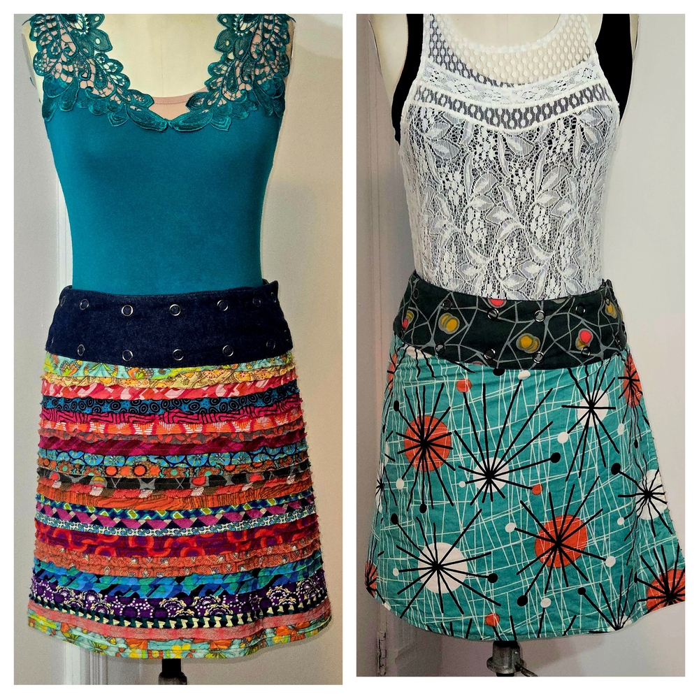 Reversible Popper Wrap Knee Length Skirt - Multi Patch Strips / Psychedelic
